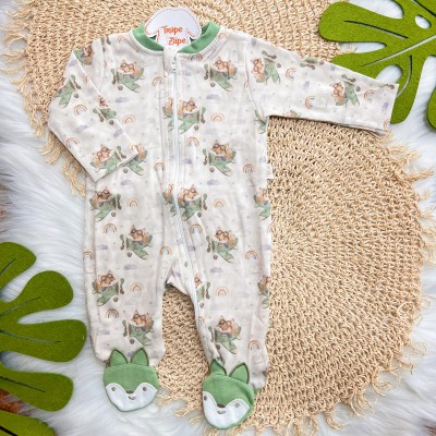 Macacão de Malha com Abertura em Zíper Raposa Aviador - Areia e Verde